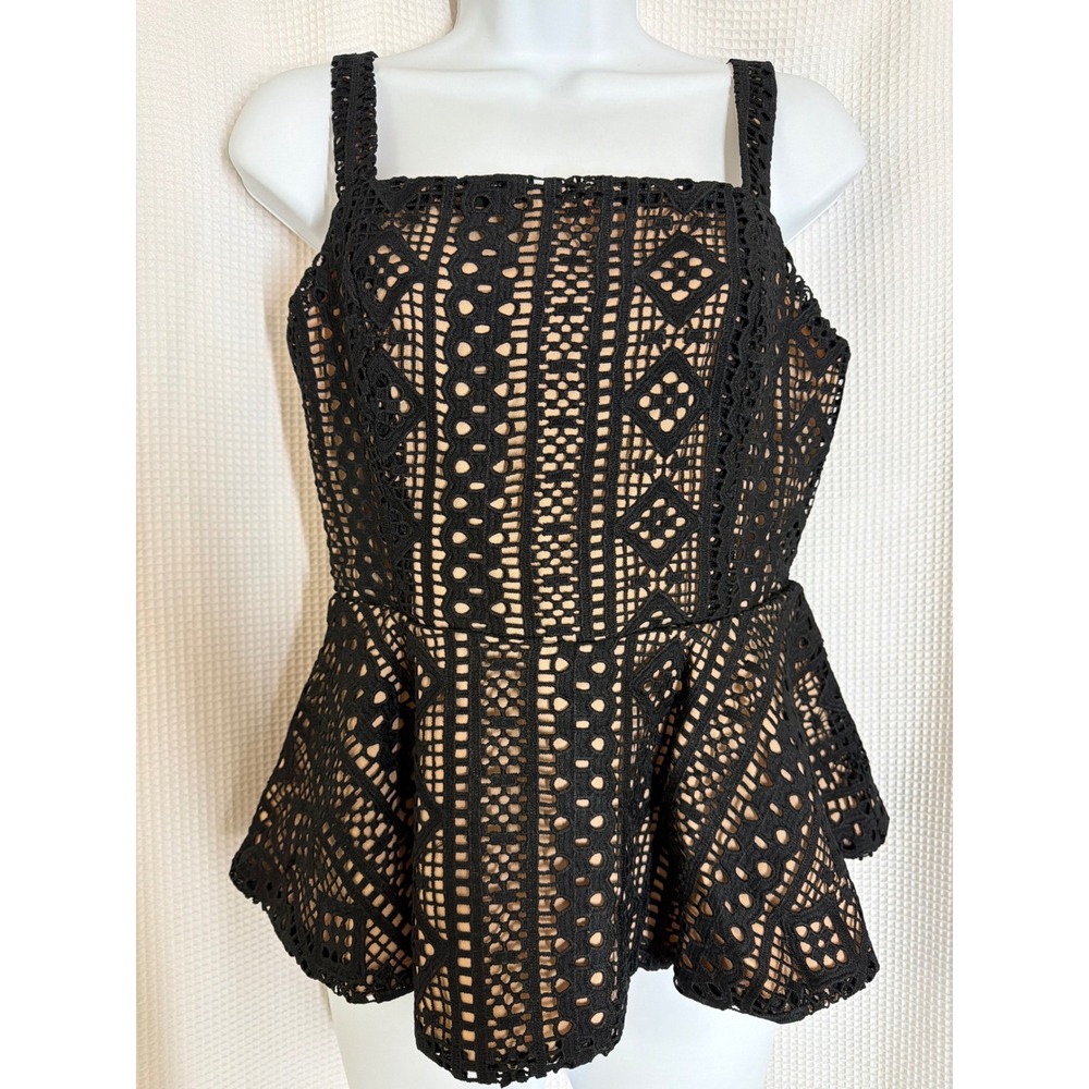Endless Rose Black Lace Peplum Top Square Neck Sleeveless Tan Lining Small NWT